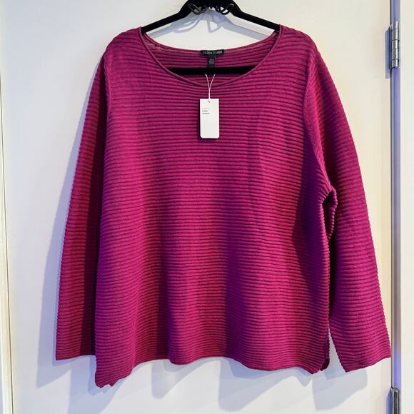 New Eileen Fisher Crew Neck Box-Top Purple Ribbed Knit Linen Long Sleeve Sz L - Picture 4 of 9